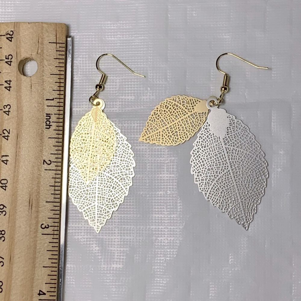 Silver and Gold Leaf Drop Earrings - Picture 2 of 2
